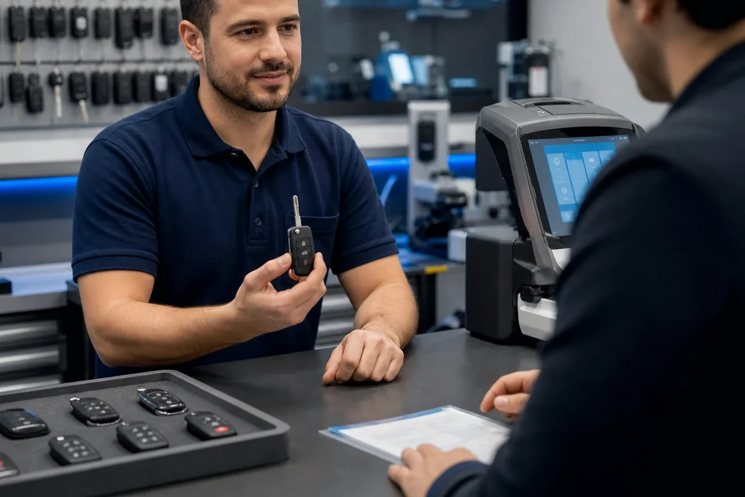 Chaveiro criando uma chave codificada em Paço do Luminar com equipamentos especializados.