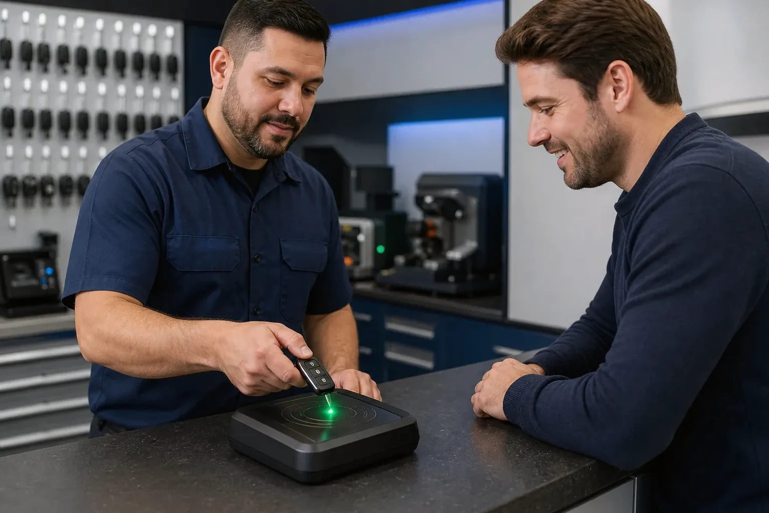 Chaveiro programando controle remoto de carro em Paço do Luminar.